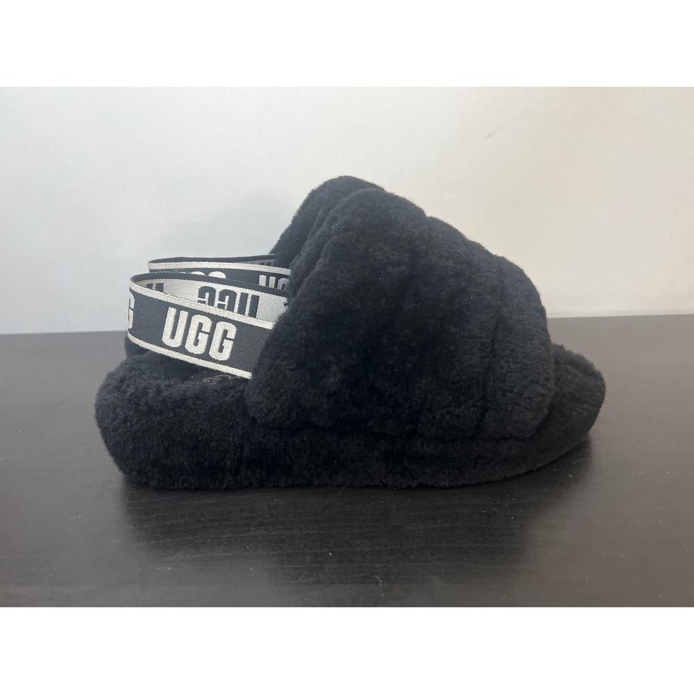 UGG Fluff Yeah Slide Black Sheepskin Slingback Platform Sandals‎ Size 8